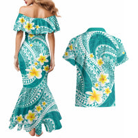 Plumeria Polynesian Teal Glitter Pattern Couples Matching Mermaid Dress and Hawaiian Shirt