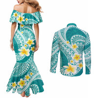 Plumeria Polynesian Teal Glitter Pattern Couples Matching Mermaid Dress and Long Sleeve Button Shirt