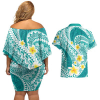 Plumeria Polynesian Teal Glitter Pattern Couples Matching Off Shoulder Short Dress and Hawaiian Shirt