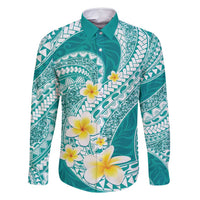 Plumeria Polynesian Teal Glitter Pattern Family Matching Long Sleeve Bodycon Dress and Hawaiian Shirt