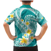 Plumeria Polynesian Teal Glitter Pattern Family Matching Mermaid Dress and Hawaiian Shirt