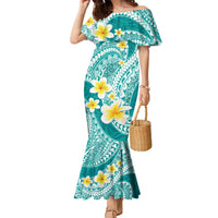 Plumeria Polynesian Teal Glitter Pattern Family Matching Mermaid Dress and Hawaiian Shirt