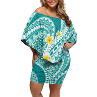 Plumeria Polynesian Teal Glitter Pattern Family Matching Off Shoulder Short Dress and Hawaiian Shirt