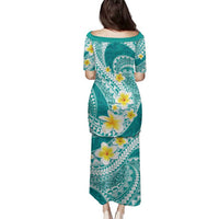 Plumeria Polynesian Teal Glitter Pattern Family Matching Puletasi and Hawaiian Shirt