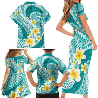 Plumeria Polynesian Teal Glitter Pattern Family Matching Short Sleeve Bodycon Dress and Hawaiian Shirt