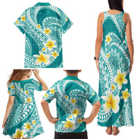 Plumeria Polynesian Teal Glitter Pattern Family Matching Tank Maxi Dress and Hawaiian Shirt