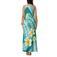 Plumeria Polynesian Teal Glitter Pattern Family Matching Tank Maxi Dress and Hawaiian Shirt