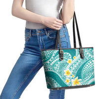 Plumeria Polynesian Teal Glitter Pattern Leather Tote Bag