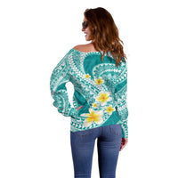 Plumeria Polynesian Teal Glitter Pattern Off Shoulder Sweater