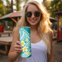 Plumeria Polynesian Teal Glitter Pattern Skinny Tumbler