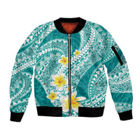 Plumeria Polynesian Teal Glitter Pattern Sleeve Zip Bomber Jacket