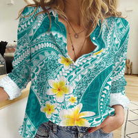 Plumeria Polynesian Teal Glitter Pattern Women Casual Shirt
