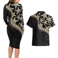 Beige Polynesian Starfish Unique Pattern Couples Matching Long Sleeve Bodycon Dress and Hawaiian Shirt