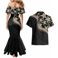 Beige Polynesian Starfish Unique Pattern Couples Matching Mermaid Dress and Hawaiian Shirt