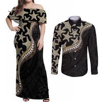 Beige Polynesian Starfish Unique Pattern Couples Matching Off Shoulder Maxi Dress and Long Sleeve Button Shirt