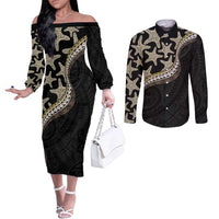 Beige Polynesian Starfish Unique Pattern Couples Matching Off The Shoulder Long Sleeve Dress and Long Sleeve Button Shirt