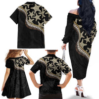 Beige Polynesian Starfish Unique Pattern Family Matching Off The Shoulder Long Sleeve Dress and Hawaiian Shirt