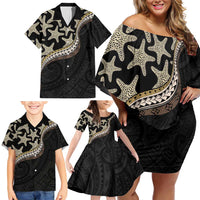 Beige Polynesian Starfish Unique Pattern Family Matching Off Shoulder Short Dress and Hawaiian Shirt