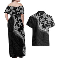 Monotone Polynesian Starfish Unique Pattern Couples Matching Off Shoulder Maxi Dress and Hawaiian Shirt