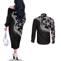 Monotone Polynesian Starfish Unique Pattern Couples Matching Off The Shoulder Long Sleeve Dress and Long Sleeve Button Shirt