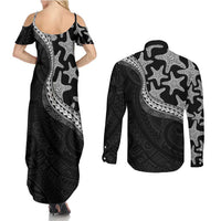 Monotone Polynesian Starfish Unique Pattern Couples Matching Summer Maxi Dress and Long Sleeve Button Shirt
