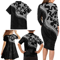Monotone Polynesian Starfish Unique Pattern Family Matching Long Sleeve Bodycon Dress and Hawaiian Shirt