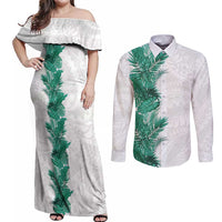 Hawaii Tropical Leaves Couples Matching Off Shoulder Maxi Dress and Long Sleeve Button Shirt Polynesian Pattern