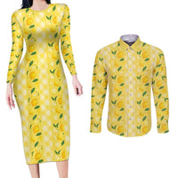 Hawaii Lemon Palaka Couples Matching Long Sleeve Bodycon Dress and Long Sleeve Button Shirt Striped Stylized