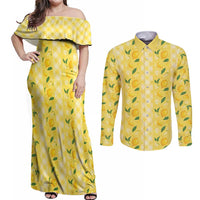 Hawaii Lemon Palaka Couples Matching Off Shoulder Maxi Dress and Long Sleeve Button Shirt Striped Stylized
