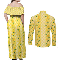 Hawaii Lemon Palaka Couples Matching Off Shoulder Maxi Dress and Long Sleeve Button Shirt Striped Stylized