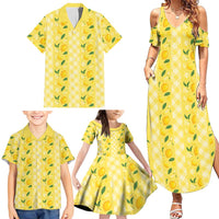 Hawaii Lemon Palaka Family Matching Summer Maxi Dress and Hawaiian Shirt Striped Stylized