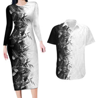 Hawaii Tropical Plant Monochrome Couples Matching Long Sleeve Bodycon Dress and Hawaiian Shirt Vibrant Polynesian Pattern