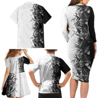 Hawaii Tropical Plant Monochrome Family Matching Long Sleeve Bodycon Dress and Hawaiian Shirt Vibrant Polynesian Pattern