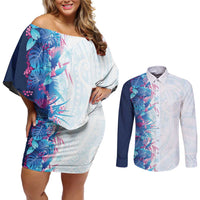 Hawaii Tropical Plant UliUli Couples Matching Off Shoulder Short Dress and Long Sleeve Button Shirt Vibrant Polynesian Pattern