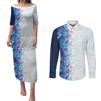 Hawaii Tropical Plant UliUli Couples Matching Puletasi and Long Sleeve Button Shirt Vibrant Polynesian Pattern