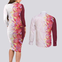 Hawaii Tropical Plant Akala Couples Matching Long Sleeve Bodycon Dress and Long Sleeve Button Shirt Vibrant Polynesian Pattern LT01 - Polynesian Pride