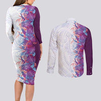 Hawaii Tropical Plant Poni Couples Matching Long Sleeve Bodycon Dress and Long Sleeve Button Shirt Vibrant Polynesian Pattern