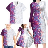Hawaii Tropical Plant Poni Family Matching Long Sleeve Bodycon Dress and Hawaiian Shirt Vibrant Polynesian Pattern