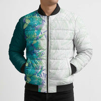 Hawaii Tropical Plant Teal Bomber Puffer Jacket Vibrant Polynesian Pattern