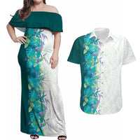 Hawaii Tropical Plant Teal Couples Matching Off Shoulder Maxi Dress and Hawaiian Shirt Vibrant Polynesian Pattern