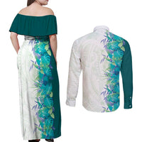 Hawaii Tropical Plant Teal Couples Matching Off Shoulder Maxi Dress and Long Sleeve Button Shirt Vibrant Polynesian Pattern