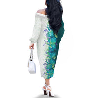 Hawaii Tropical Plant Teal Family Matching Off The Shoulder Long Sleeve Dress and Hawaiian Shirt Vibrant Polynesian Pattern