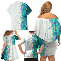Hawaii Tropical Plant Teal Family Matching Off Shoulder Short Dress and Hawaiian Shirt Vibrant Polynesian Pattern