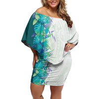 Hawaii Tropical Plant Teal Family Matching Off Shoulder Short Dress and Hawaiian Shirt Vibrant Polynesian Pattern