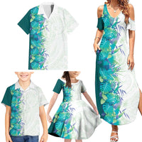 Hawaii Tropical Plant Teal Family Matching Summer Maxi Dress and Hawaiian Shirt Vibrant Polynesian Pattern