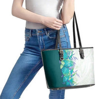 Hawaii Tropical Plant Teal Leather Tote Bag Vibrant Polynesian Pattern
