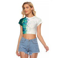 Hawaii Tropical Plant Teal Raglan Cropped T Shirt Vibrant Polynesian Pattern