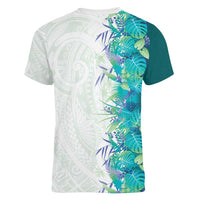Hawaii Tropical Plant Teal Women V-Neck T-Shirt Vibrant Polynesian Pattern