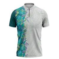 Hawaii Tropical Plant Teal Zipper Polo Shirt Vibrant Polynesian Pattern
