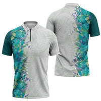 Hawaii Tropical Plant Teal Zipper Polo Shirt Vibrant Polynesian Pattern